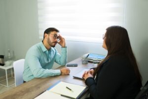A lawyer meeting with clients in an office to discuss the timeline for a birth injury claim